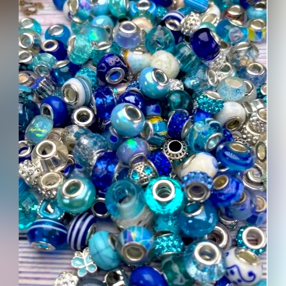 30 pc Lg Hole Pandora Style Blue Beads Bracelet Charms bundle diy jewelry making